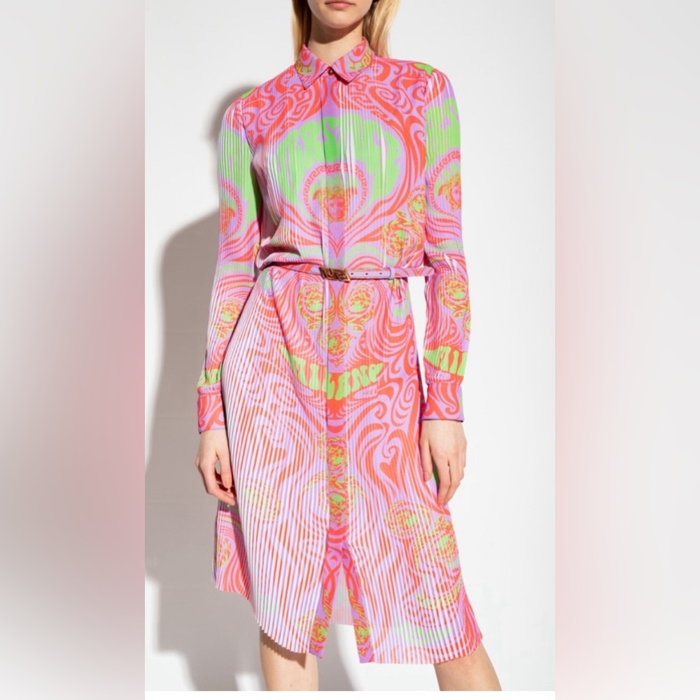 Versace Medusa Music SILK  Long Sleeve Pleated Dress COA